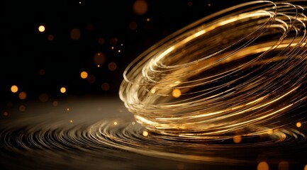 Abstract golden light trails with bokeh effect in dark background