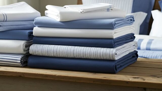 Two neat stacks of folded white and blue bedding some striped and patterned rest on a rustic wooden surface