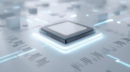 Futuristic processor on circuit board with soft digital glow