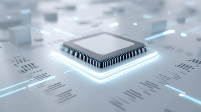 Futuristic processor on circuit board with soft digital glow