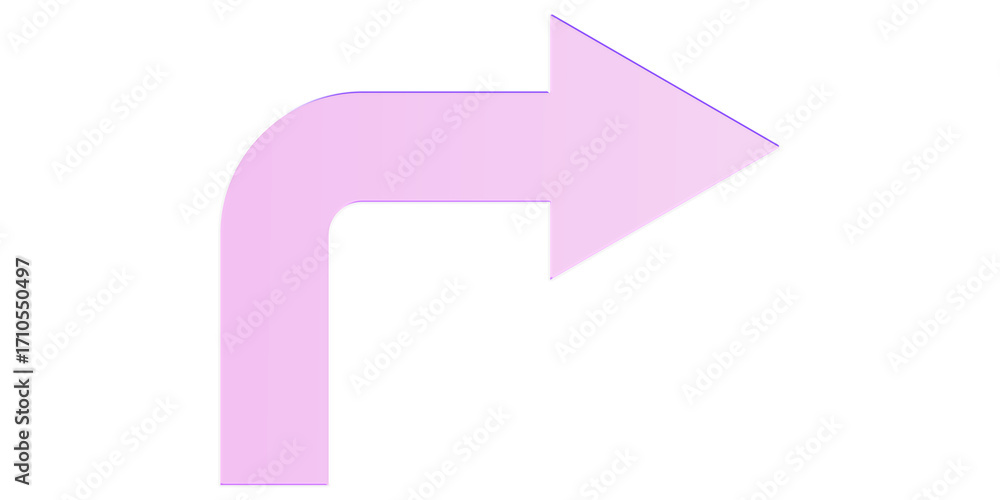 Poster translucent curved arrow pointing right, glassmorphism ui element on transparent background