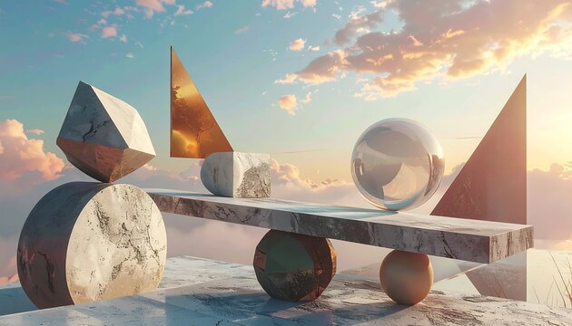 Geometric shapes balanced on a marble platform against a pastel sky at sunset