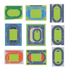 Collection of Colorful Track and Field Layouts with Running Lanes and Green Fields.