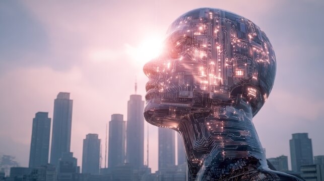 Futuristic cyborg head in urban landscape with digital circuitry and high tech vibes