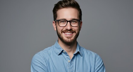 Obraz premium Confident smiling man with beard and glasses wearing denim shirt, ready for success and innovation