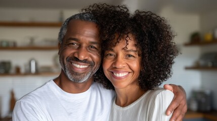A happy couple embracing in a kitchen.