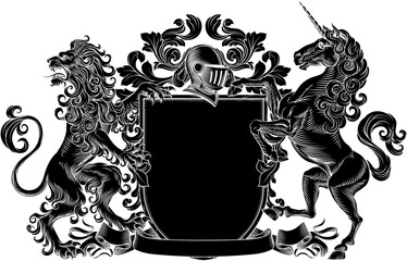 A unicorn and lion coat of arms or crest family heraldry medieval heraldic knight shield. With helmet and acanthus filigree scroll ornament in a vintage woodcut style. © Christos Georghiou