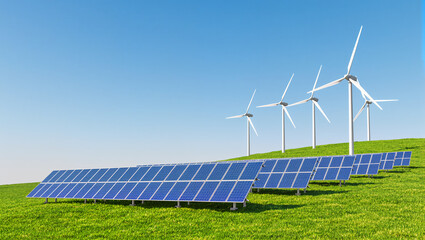 Green Energy Horizon: A futuristic vista of renewable energy, showcasing solar panels and wind turbines on a rolling hill, bathed in the brilliant daylight, inspiring hope for a clean energy future.
