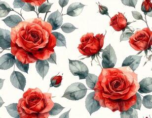 Fototapeta premium エレガントな赤バラの水彩フローラルパターン｜背景・テキスタイル用Elegant Watercolor Red Roses Floral Pattern | Background & Textile Design