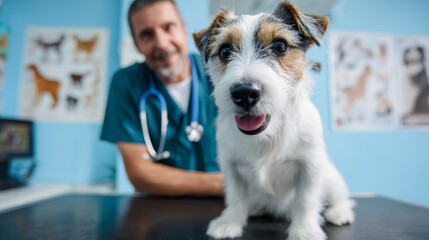 Happy terrier at vet clinic with mature caucasian male veterinarian in blue scrubs