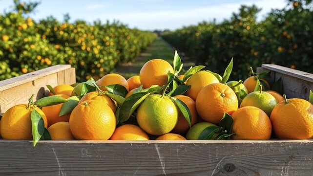 A rustic wooden crate holds an abundance of ripe and green oranges with leaves set against a blurred background of an citrus orchard under a blue sky