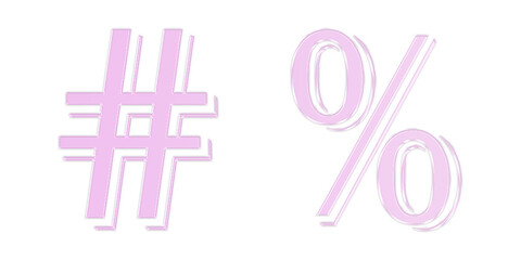 3D Pink Glass Hashtag and Percent Sign Icon Set on Transparent Background
