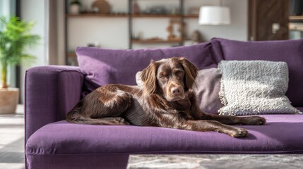 Brown dog relaxing on purple sofa in modern living room with cozy decor