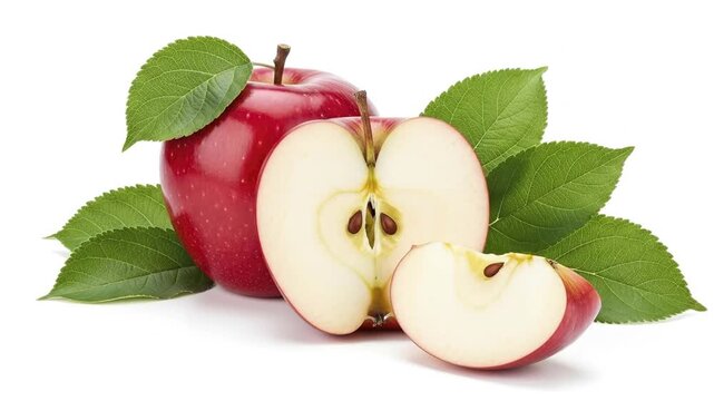 A whole red apple a halved apple showing its core and seeds and a small apple wedge surrounded by green leaves on a white surface