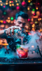 Bartender preparing a colorful cocktail in a smoky glass during christmas holidays