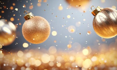 Golden christmas balls hanging with falling confetti on a sparkling background, creating a festive and magical holiday atmosphere