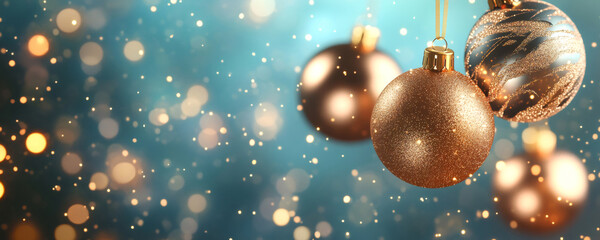 Festive christmas ornaments glitter against a teal backdrop with sparkling bokeh, creating a magical holiday scene