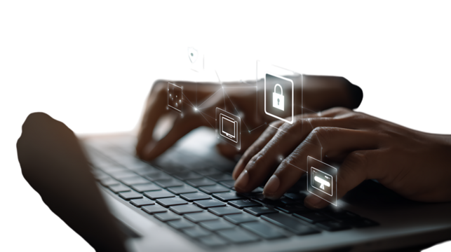 Close up of hands typing on keyboard isolated on white background 