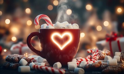 Red christmas mug filled with hot chocolate, marshmallows and candy cane, with heart shaped light, surrounded by decorated cookies and christmas lights