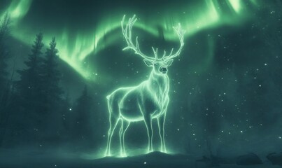 Glowing reindeer standing in snowy forest under northern lights during christmas night