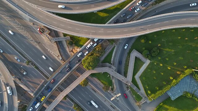 Drone Hyperlapse Over Busy City Highway Interchange at Sunset