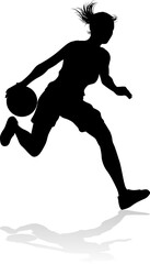 Silhouette of athletic woman female basketball player with basketball ball. Sports concept.