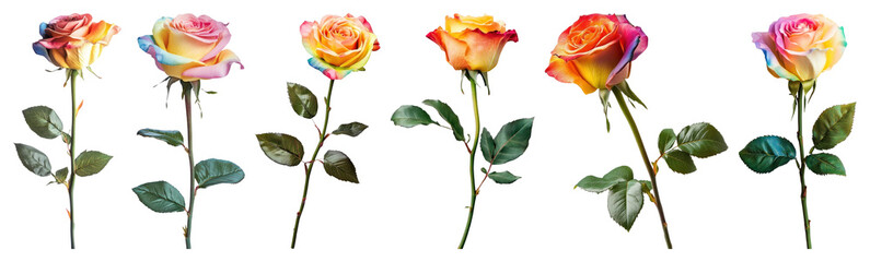 Fototapeta premium PNG Vibrant multicolored roses arrangement, element set on transparent background