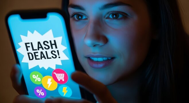 Excited shopper discovers amazing flash deals on mobile phone, embracing online shopping convenience and savings