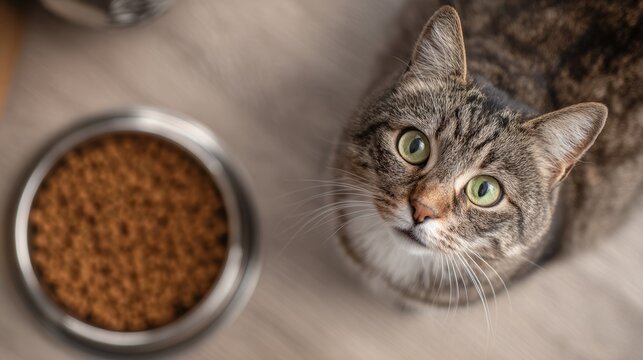 Close-up of tabby cat with green eyes next to a bowl of dry food - Powered by Adobe