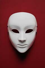 A white theatrical mask mockup on a red background, symbolizing mystery and performance