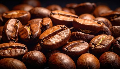Pile of Roasted Coffee Beans Close Up Dark Brown Tone