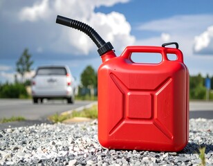 Red jerry can on gravel road