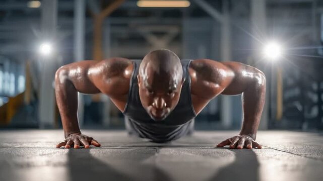 A determined athlete performing push-ups in a well-lit gym, showcasing physical strength and dedication. The scene captures the essence of fitness and perseverance in sports.