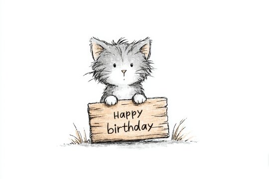 Adorable fluffy kitten holding happy birthday sign in watercolor style