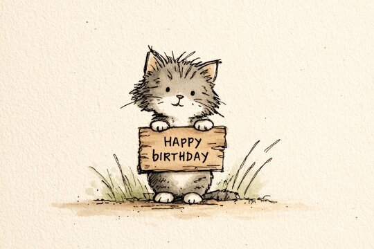 Cute fluffy cat holding happy birthday sign in whimsical style