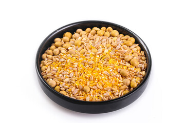 Mixed Cereals Grains Combination Bowl with Soybeans Wheat Corn White Background Healthy Food Ingredients