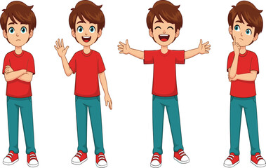 Cartoon boy character, emotional expressions, body language, red shirt, teal pants, vector illustration, kids emotions, playful poses, character design