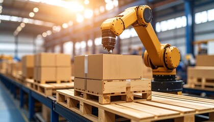 Automated robotic arm placing boxes on pallet