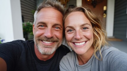 A happy couple posing for a selfie.
