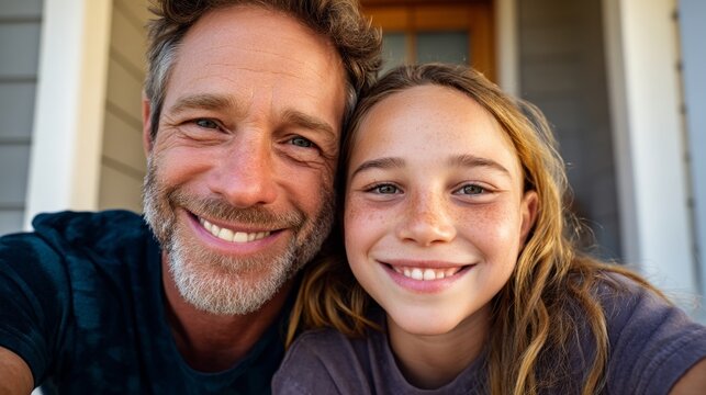 A smiling man and girl posing together outdoors.