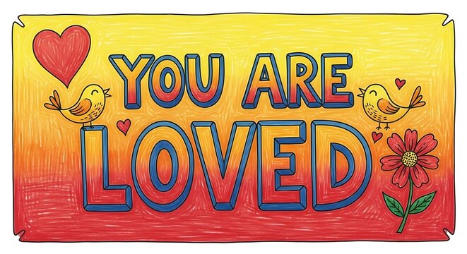 Colorful graphic design displaying the message "You Are Loved" with vibrant colors and cheerful birds, perfect for a positive and uplifting poster or card.