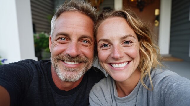 A happy couple posing for a selfie. - Powered by Adobe