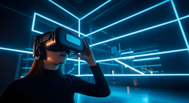 A woman wearing a virtual reality headset in a room with neon blue geometric light structures - Powered by Adobe