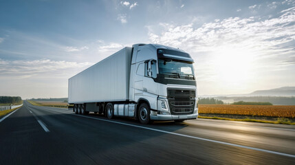 Obraz premium White modern semi trailer driving on open road at dawn, logistics and transportation concept