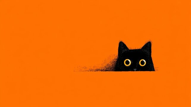 Curious black cat with bright yellow eyes on vibrant orange background - Powered by Adobe