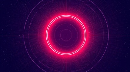 Glowing pink neon circle with futuristic digital design in space