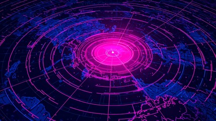 Futuristic digital grid with neon pink radar waves on map background