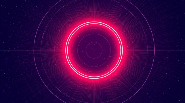 Glowing pink neon circle with futuristic digital design in space