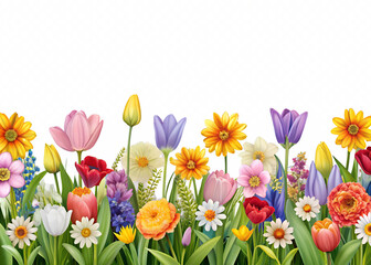 A field of vibrant red, pink, and yellow tulips blossoms in a beautiful spring garden on white background
