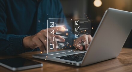 Hands typing on laptop keyboard glowing with digital data overlay representing cybersecurity and online security concepts